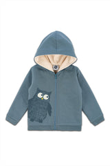 Veste bébé pour cadeau de naissance original - La Queue Du Chat - Veste Hibou Bleu Ardoise en coton bio - Photo 1