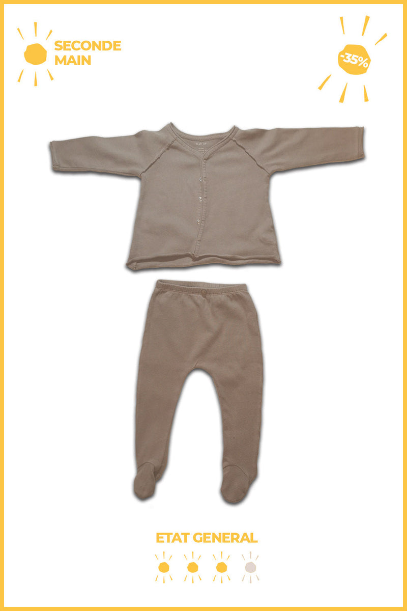 Pyjama bébé pour cadeau de naissance original - Play Up - Ensemble Pyjama en Jersey Taupe - 2nde Main en coton bio - Photo 1