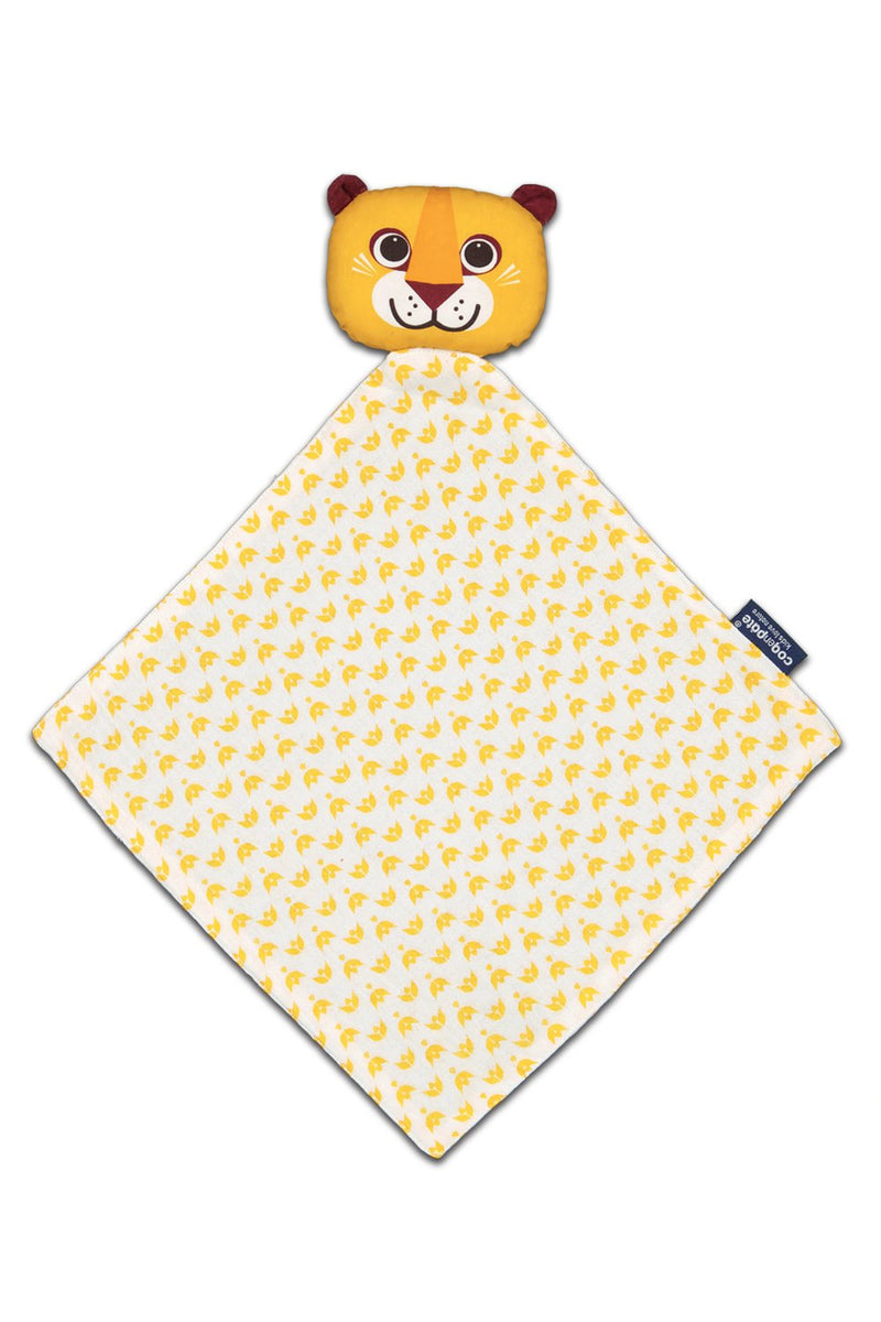 Doudou lion jaune en coton bio pour le parfait cadeau de naissance