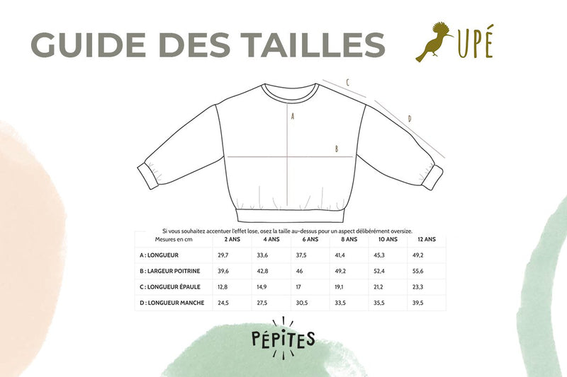 Sweat bébé pour idée cadeaux de naissance original - Upé - Sweat Lulu Bandit Grands Yeux en coton bio - Guide des Tailles