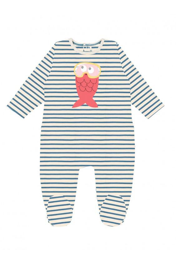 Pyjama bébé pour idée cadeaux de naissance original - La Queue Du Chat - Pyjama Poisson Rose Corail Rayures Bleues en coton bio - Photo 2