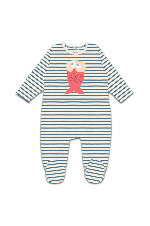 Pyjama bébé pour cadeau de naissance original - La Queue Du Chat - Pyjama Poisson Rose Corail Rayures Bleues en coton bio - Photo 1