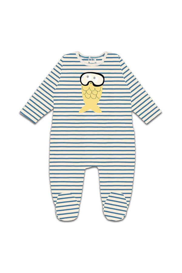 Pyjama bébé pour cadeau de naissance original - La Queue Du Chat - Pyjama Poisson Jaune Citron Rayures Bleues en coton bio - Photo 1
