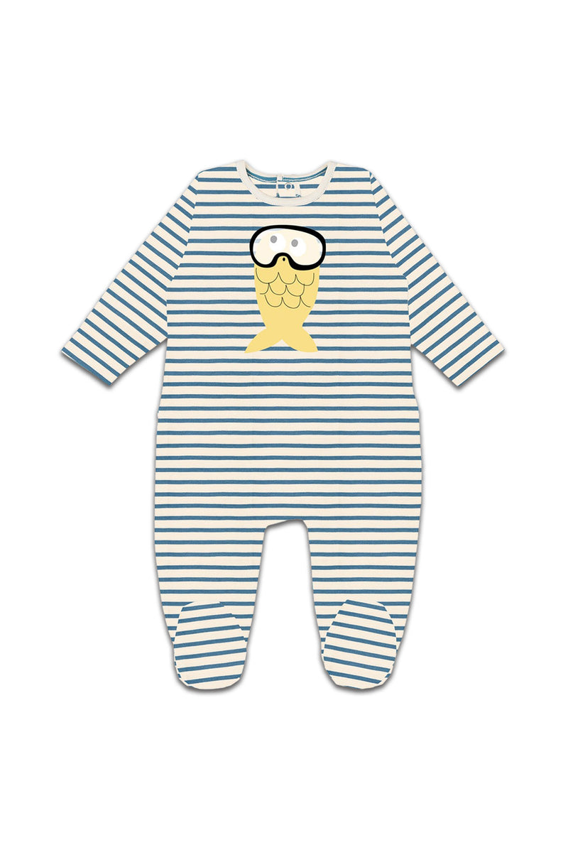 Pyjama Bebe Coton Bio La Queue Du Chat Poisson Jaune Rayures Bleues Pepites