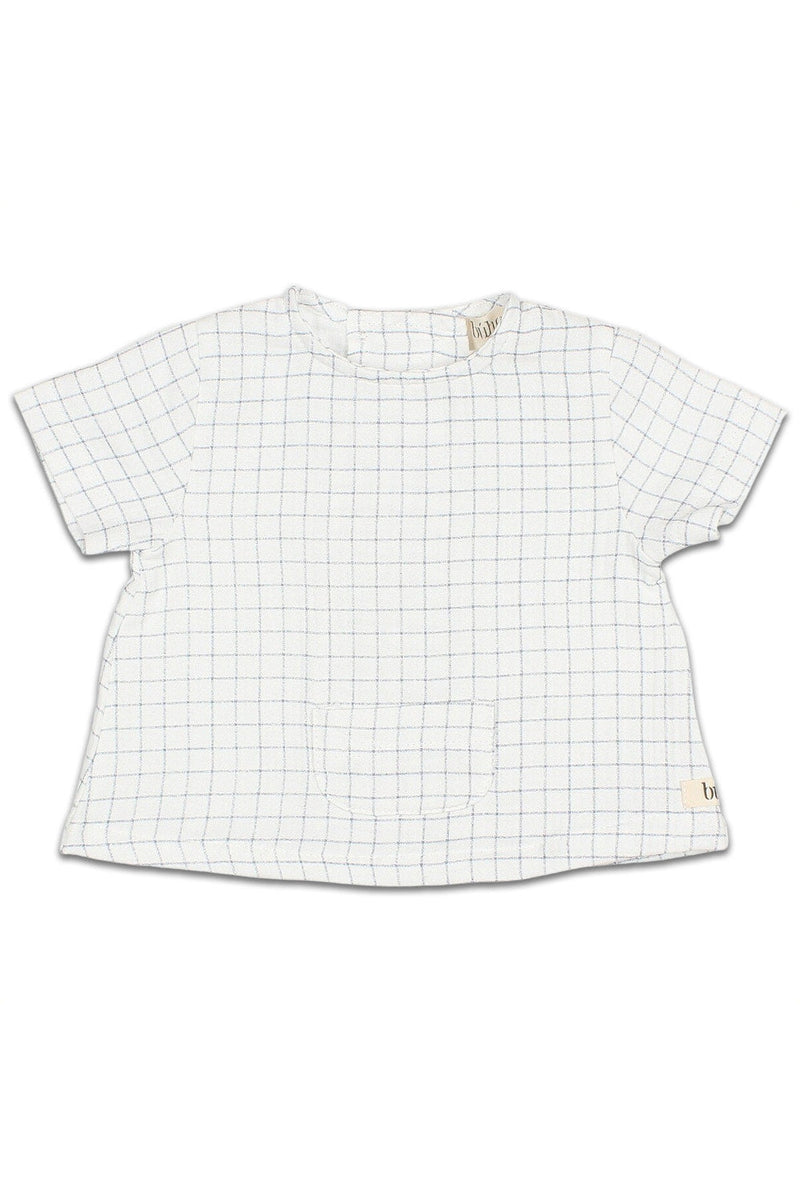 Blouse bébé pour cadeau de naissance original - Buho - Blouse pour Nouveau-Né à Carreaux Bleus en coton bio - Photo 1
