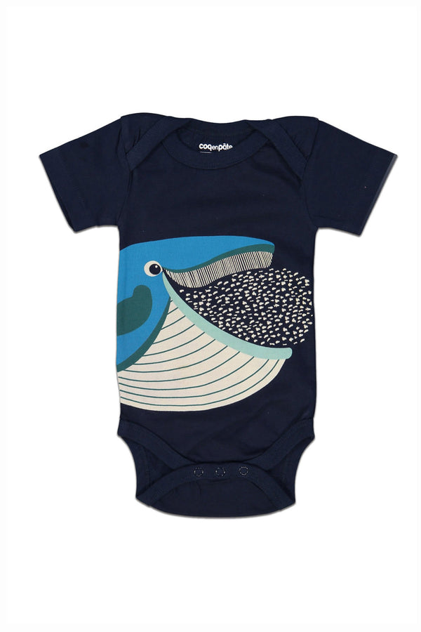 Body MC bébé pour cadeau de naissance original - Coq en Pâte - Body Baleine Bleu Marine en coton bio - Photo 1