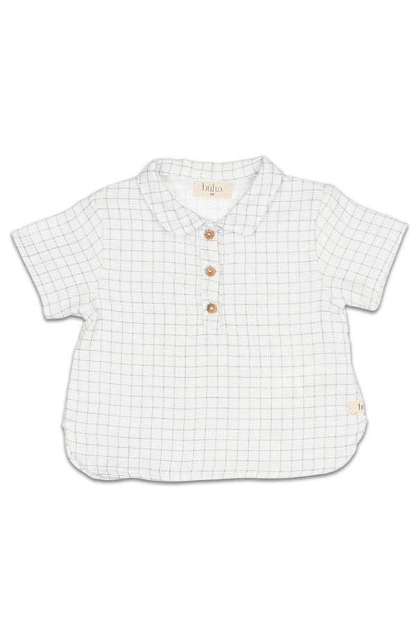 Chemise MC bébé pour cadeau de naissance original - Buho - Chemise Imprimé Carreaux en Coton Bio pour Bébé Bleue en coton bio - Photo 1