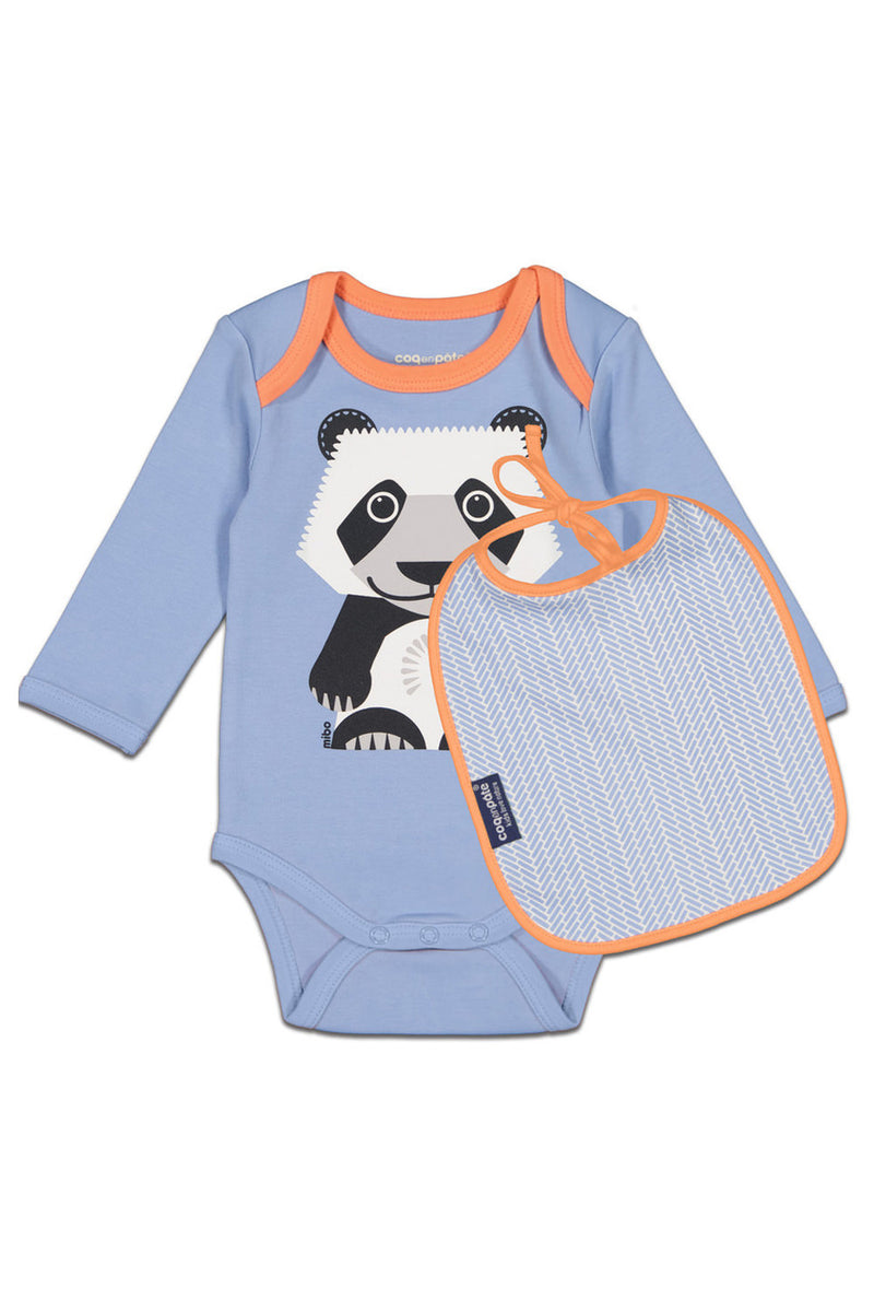 Kit Body Bavoir bébé pour cadeau de naissance original - Coq en Pâte - Kit Body + Bavoir Panda Bleu en coton bio - Photo 1