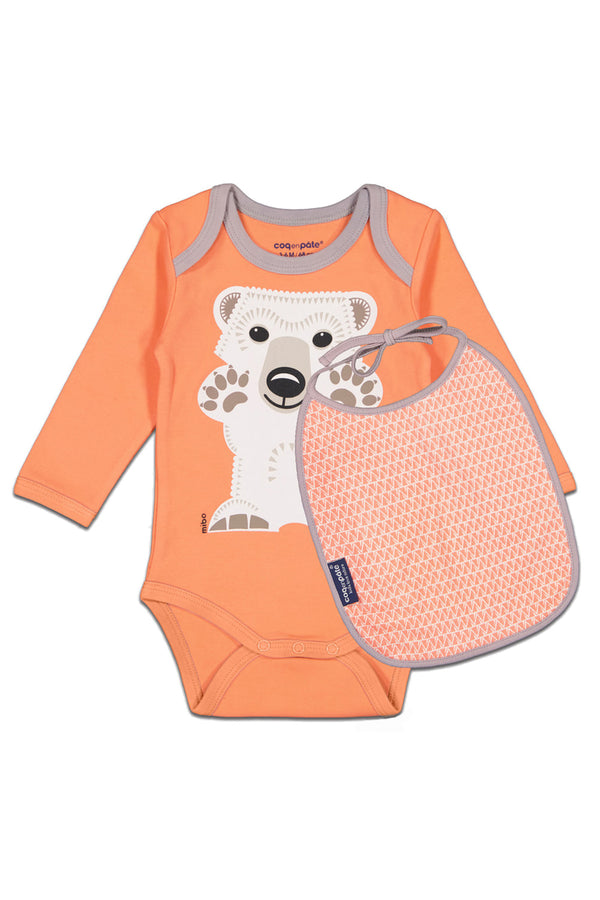 Kit Body Bavoir bébé pour cadeau de naissance original - Coq en Pâte - Kit Body + Bavoir Ours Polaire Orange en coton bio - Photo 1