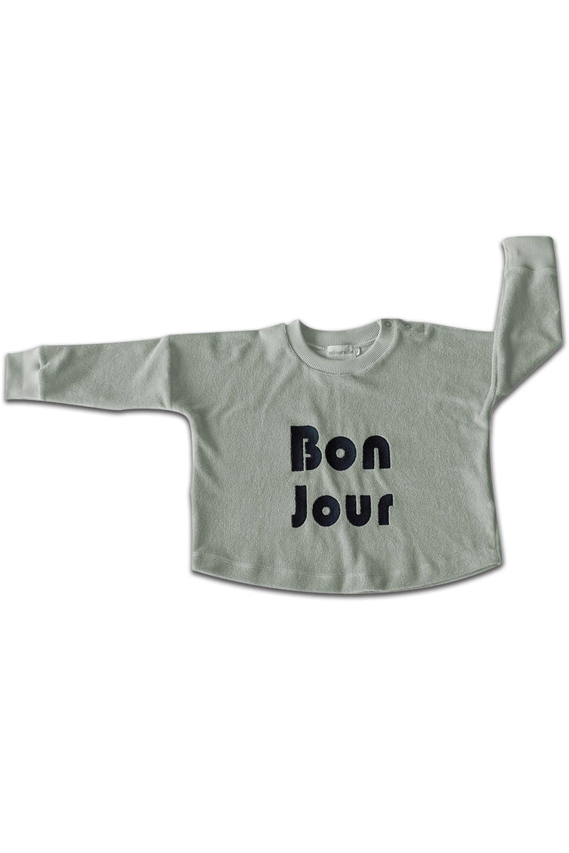 Sweat bébé pour cadeau de naissance original - Minabulle - Sweat Jude Bonjour Vert-Beige en coton bio - Photo 1