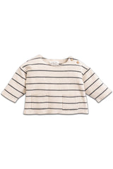 Sweat bébé pour cadeau de naissance original - Play Up - Sweat-shirt Beige Fines Rayures Noires en coton bio - Photo 1