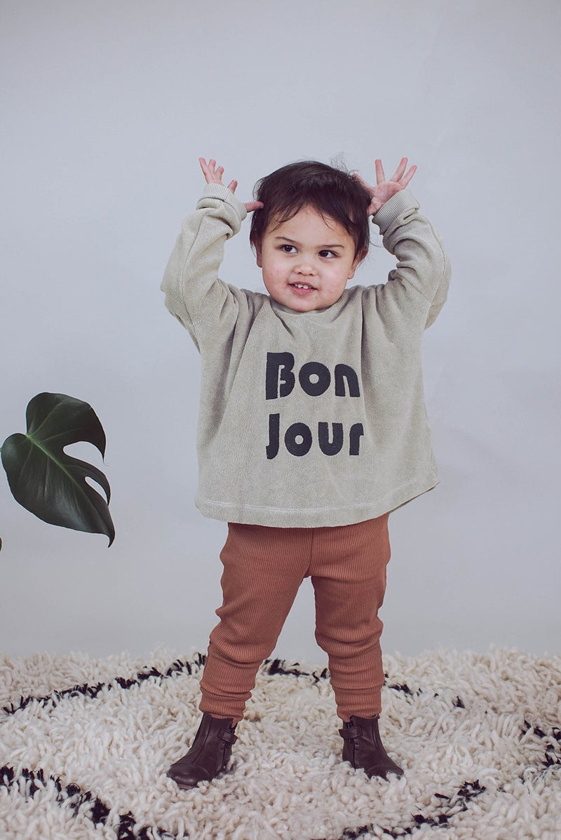 Sweat bébé pour idée cadeaux de naissance original - Minabulle - Sweat Jude Bonjour Vert-Beige en coton bio - Photo 2