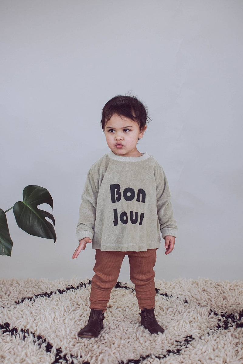 Sweat bébé pour idée cadeaux de naissance original - Minabulle - Sweat Jude Bonjour Vert-Beige en coton bio - Photo 3