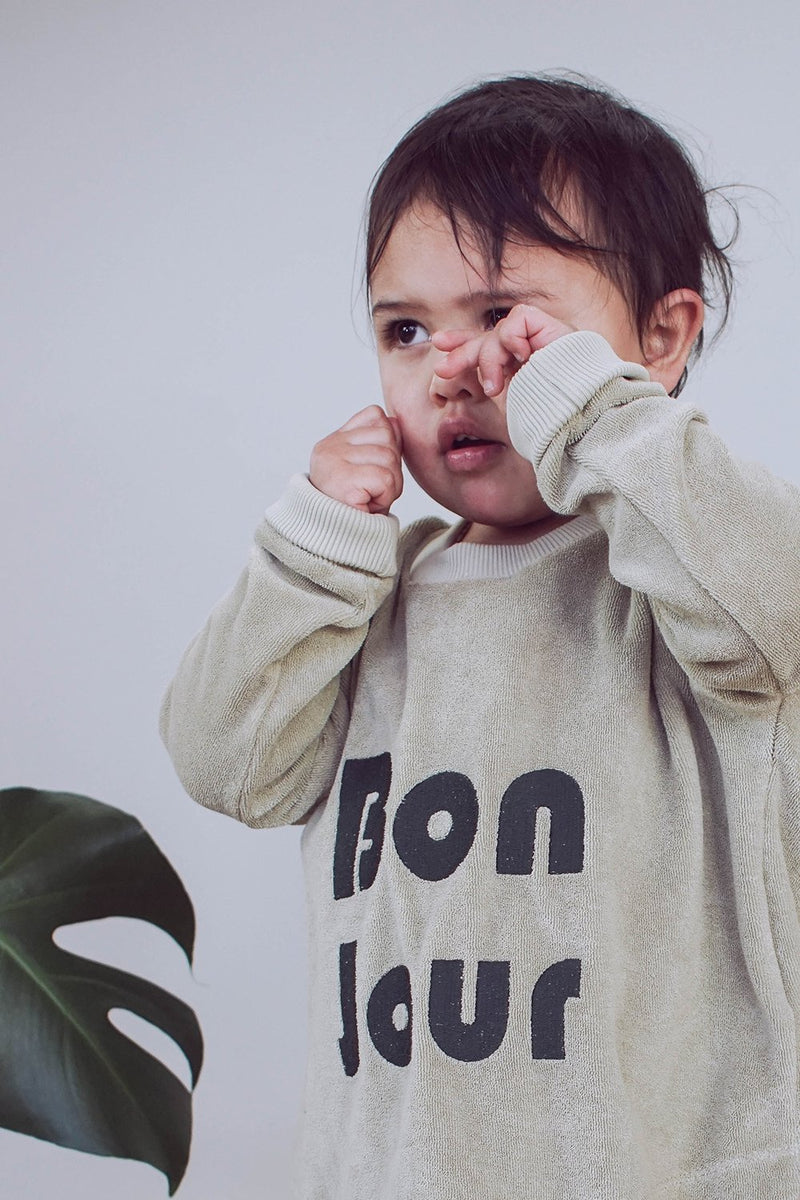 Sweat bébé pour idée cadeaux de naissance original - Minabulle - Sweat Jude Bonjour Vert-Beige en coton bio - Photo 4