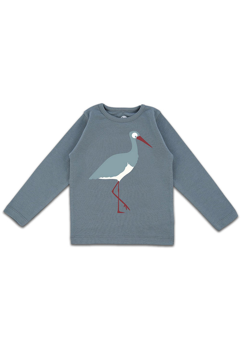 T-Shirt ML bébé pour cadeau de naissance original - La Queue Du Chat - T-Shirt Cigogne Bleu Ardoise en coton bio - Photo 1