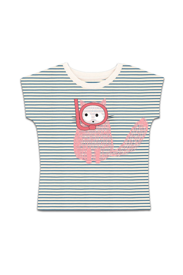 T-shirt MC bébé pour cadeau de naissance original - La Queue Du Chat - T-Shirt Chat Plongeur Rayures Bleues en coton bio - Photo 1