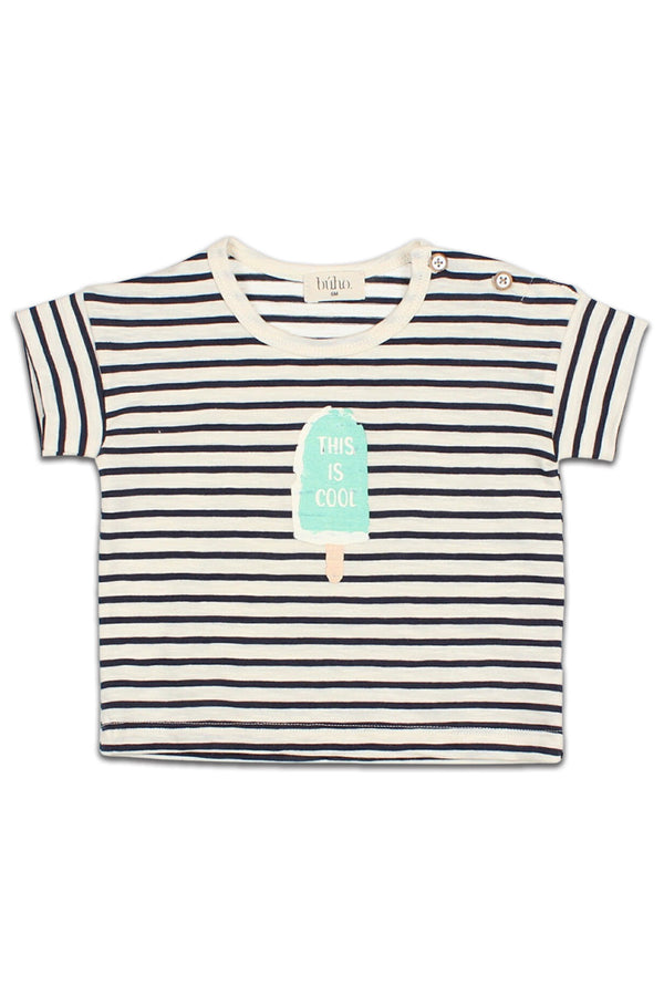 T-Shirt MC bébé pour cadeau de naissance original - Buho - T-Shirt à Rayures avec Motif Glace Bleu Marine en coton bio - Photo 1