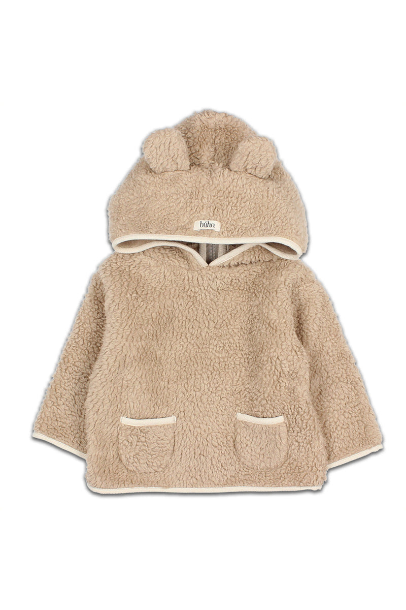 Veste bébé pour cadeau de naissance original - Buho - Veste à Capuche Sherpa avec Oreilles Beige en coton bio - Photo 1