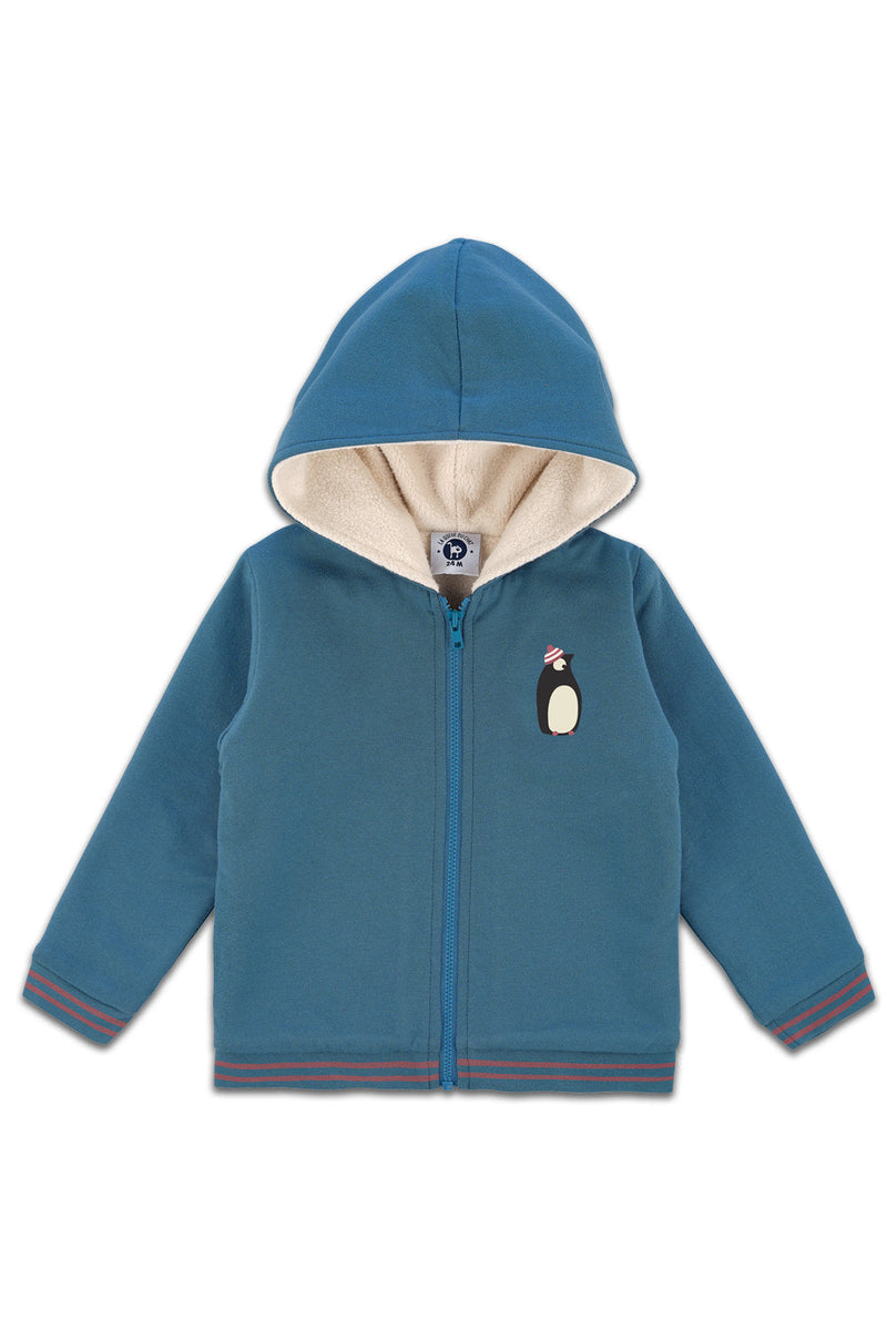 Veste bébé pour cadeau de naissance original - La Queue Du Chat - Veste à Capuche Pingouin Bleu Corsaire en coton bio - Photo 1
